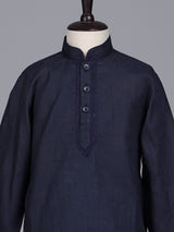Navy blue boys cotton linen kurta suit with solid pattern
