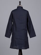 Navy blue boys cotton linen kurta suit with solid pattern
