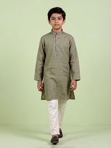 Mehendi green boys cotton linen kurta suit with solid pattern