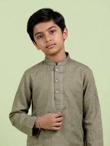 Mehendi green boys cotton linen kurta suit with solid pattern