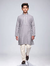 Grey boys cotton linen kurta suit with elegant solid pattern