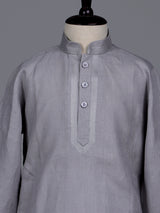 Grey boys cotton linen kurta suit with elegant solid pattern