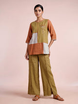 Khaki linen women co ord set with thread detailing and palazzo