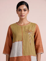 Khaki linen women co ord set with thread detailing and palazzo
