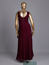 Wine chiffon designer gown with sequins work