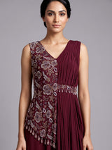 Wine chiffon designer gown with sequins work