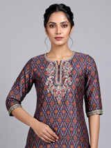 Navy cotton printed kurti set with embellished pant and dupatta