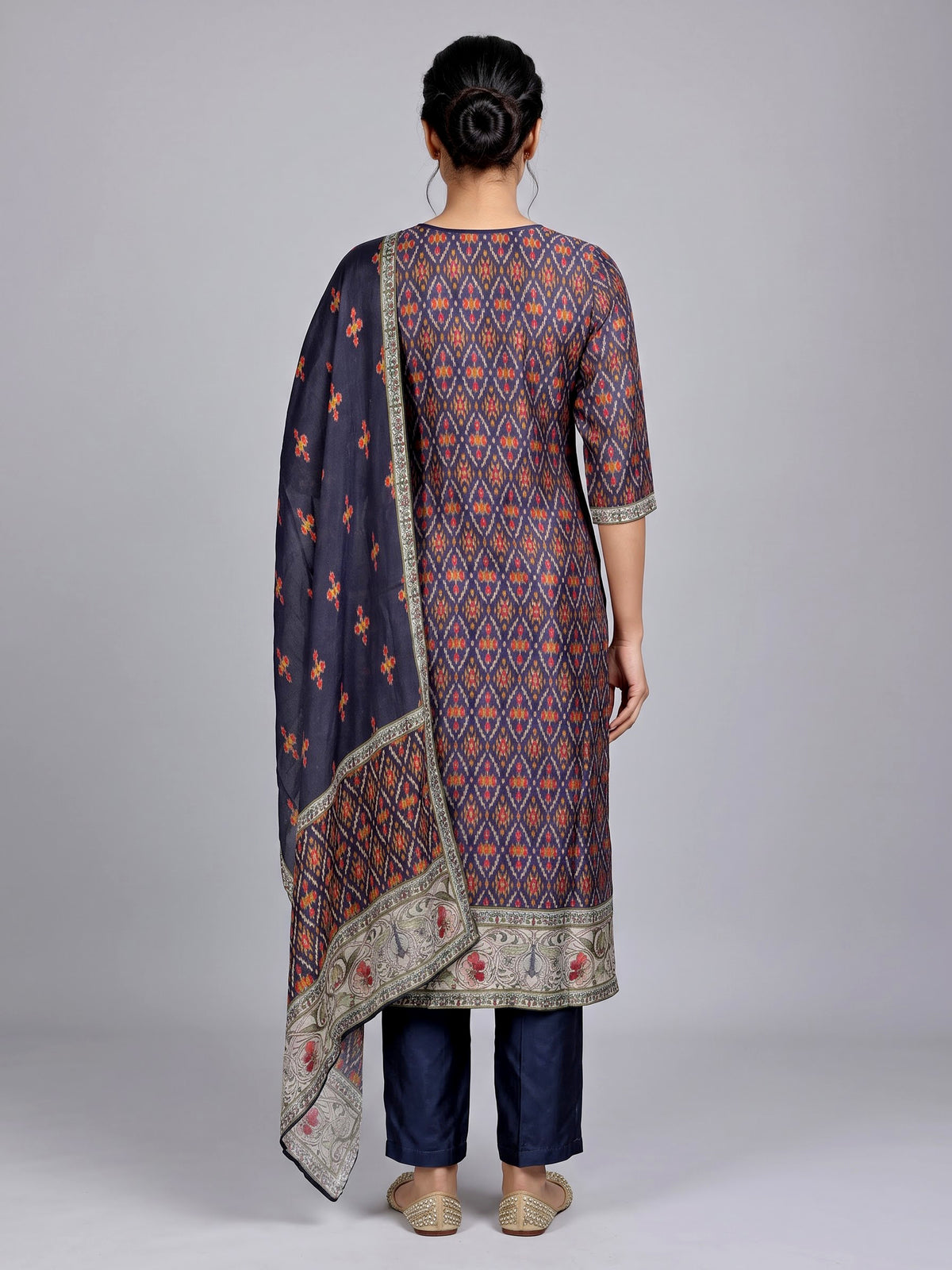 Navy cotton printed kurti set with embellished pant and dupatta