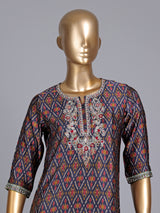 Navy cotton printed kurti set with embellished pant and dupatta