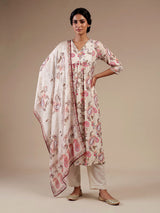 Cream silk printed kurti set with embellished palazzo and dupatta
