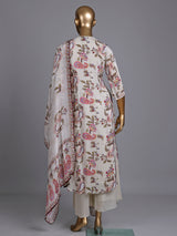 Cream silk printed kurti set with embellished palazzo and dupatta