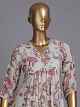 Cream silk printed kurti set with embellished palazzo and dupatta