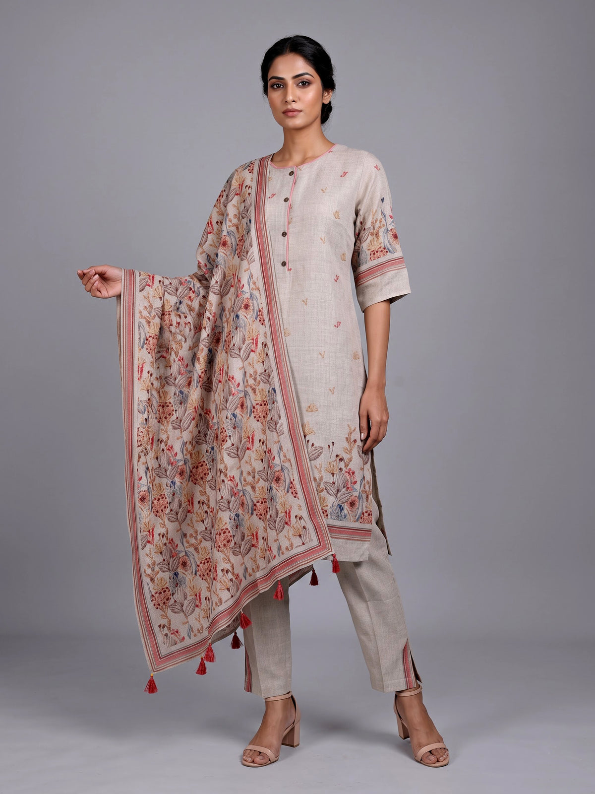 Beige linen printed kurti set with round neck and dupatta