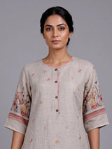 Beige linen printed kurti set with round neck and dupatta