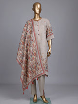 Beige linen printed kurti set with round neck and dupatta