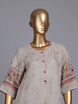 Beige linen printed kurti set with round neck and dupatta