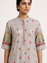 Beige linen printed kurti set with dupatta and pants
