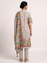 Beige linen printed kurti set with dupatta and pants