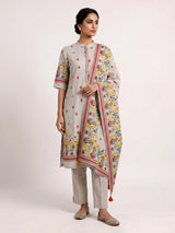 Beige linen printed kurti set with dupatta and pants