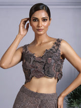 Brown designer net saree with zardosi embellished blouse detailing