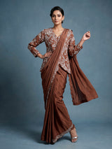 Light brown designer satin silk ready-to-wear saree with embellishments