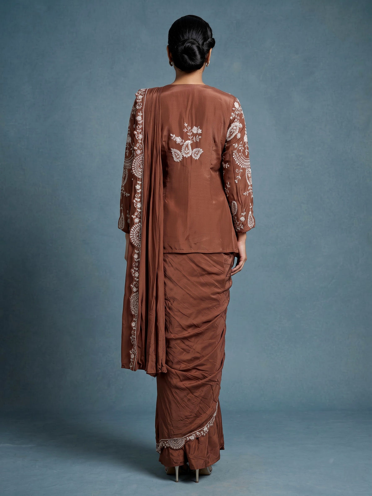 Light brown designer satin silk ready-to-wear saree with embellishments