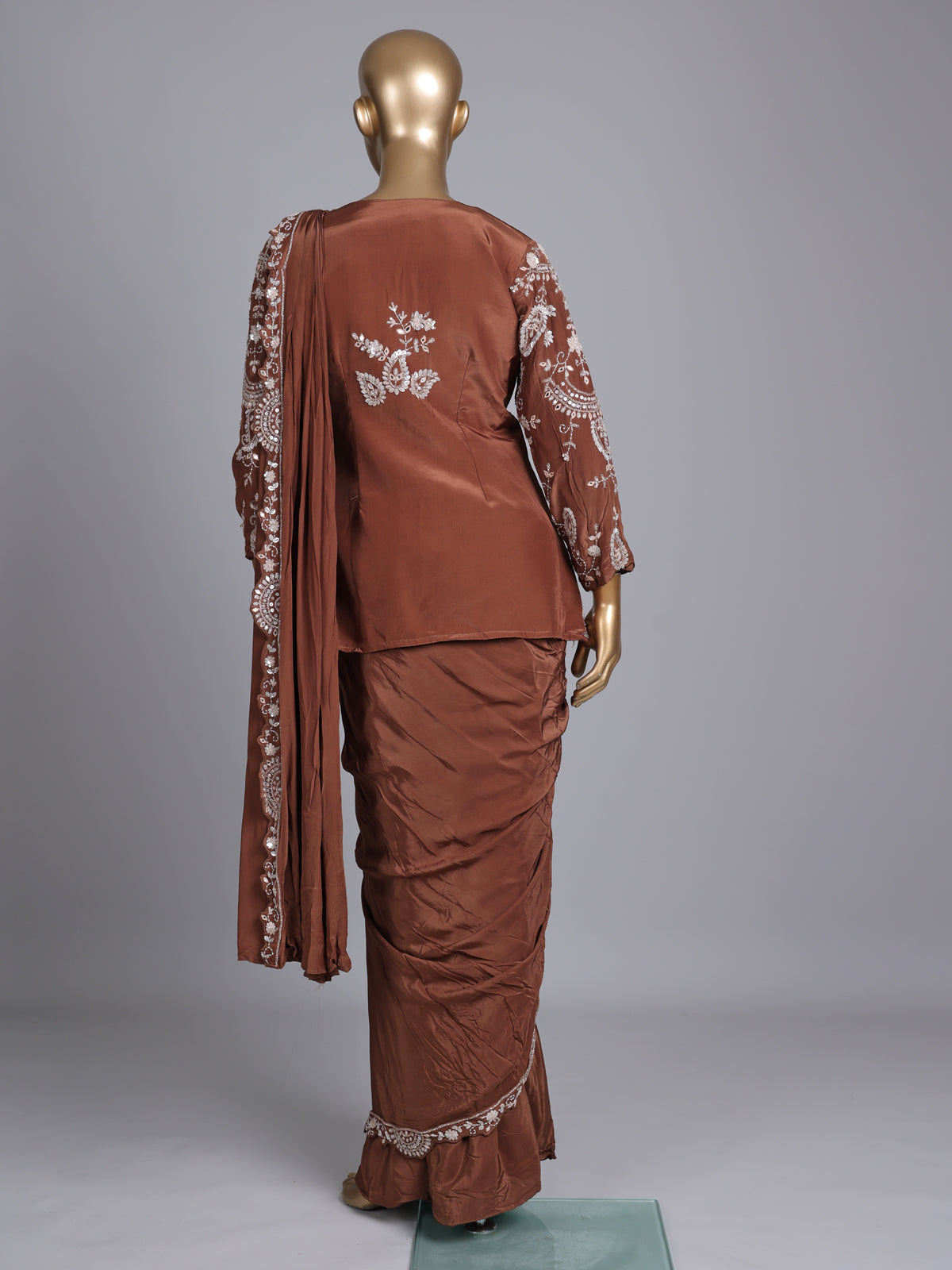 Light brown designer satin silk ready-to-wear saree with embellishments