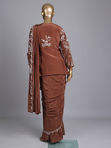 Light brown designer satin silk ready-to-wear saree with embellishments