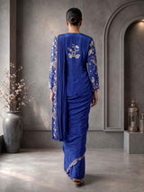 Blue designer satin silk ready-to-wear saree with festive embellishments