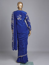 Blue designer satin silk ready-to-wear saree with festive embellishments