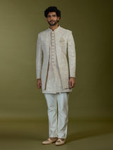 Beige architectural jacquard silk men indo western