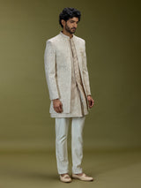 Beige architectural jacquard silk men indo western