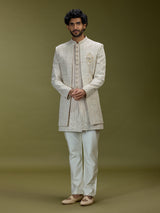 Beige architectural jacquard silk men indo western