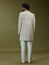 Beige architectural jacquard silk men indo western