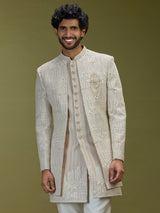 Beige architectural jacquard silk men indo western