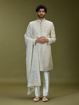 Cream exquisite jacquard silk men indo western with dupatta