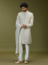 Cream exquisite jacquard silk men indo western with dupatta