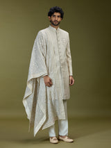 Cream exquisite jacquard silk men indo western with dupatta