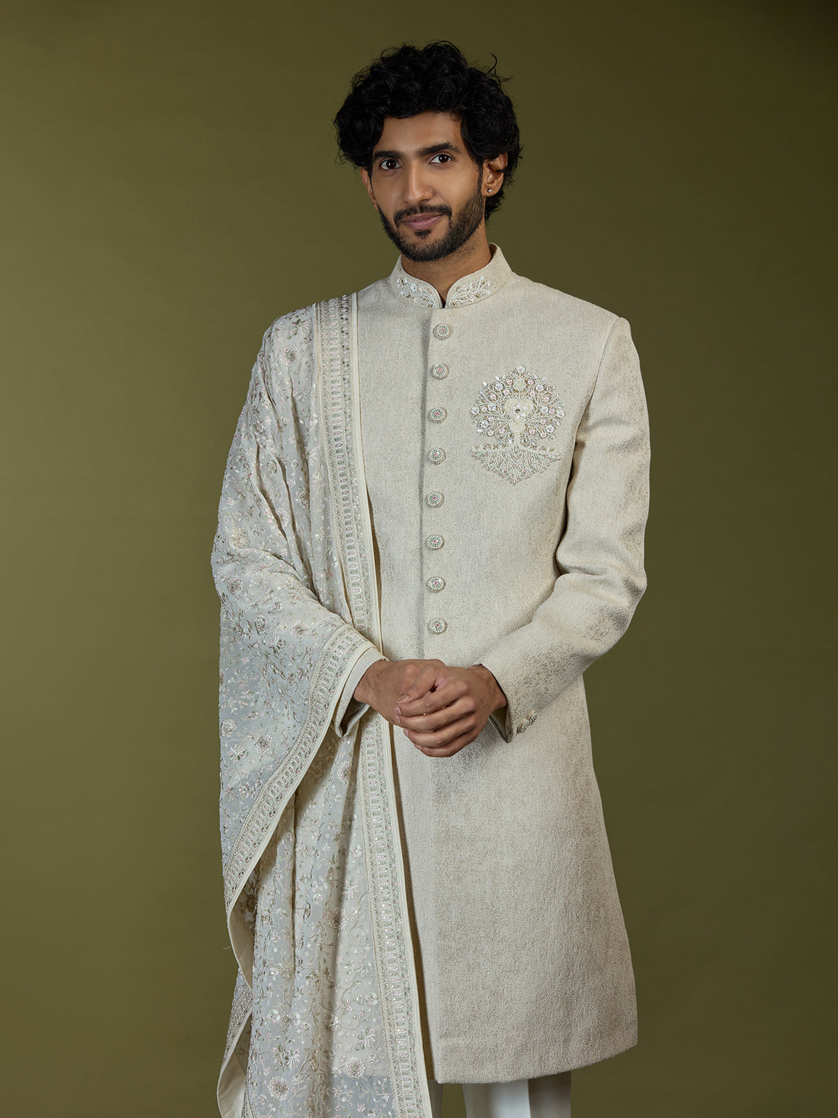 Cream exquisite jacquard silk men indo western with dupatta