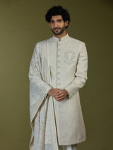 Cream exquisite jacquard silk men indo western with dupatta