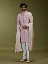 Pastel pink luxurious polyester silk men indo western with dupatta