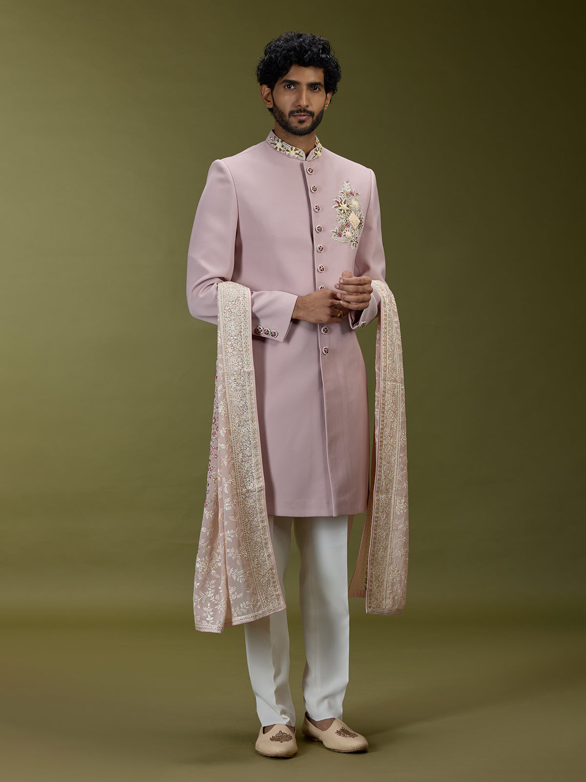 Pastel pink luxurious polyester silk men indo western with dupatta