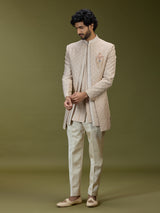 Beige geometric polyester silk men indo western