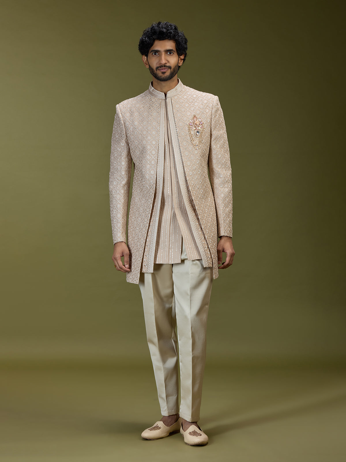 Beige geometric polyester silk men indo western