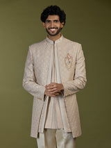 Beige geometric polyester silk men indo western