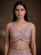 Pink silk lehenga choli with aabla diamond and tassel detailing