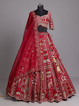 Maroon raw silk lehenga choli with artistic motifs and tassels