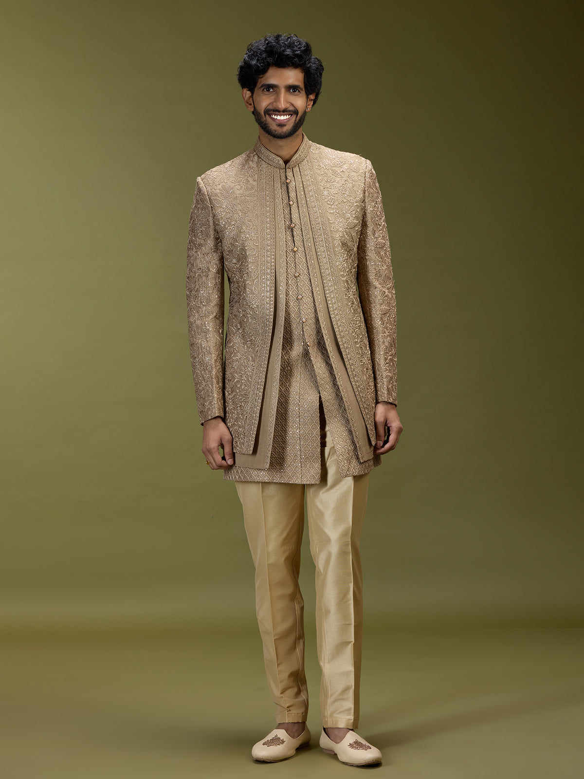 Golden brown luxurious silk men designer jacket indo western