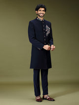 Navy blue regal polyester silk men indo western with dupatta