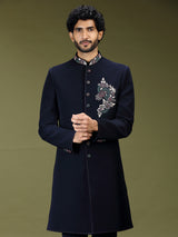 Navy blue regal polyester silk men indo western with dupatta